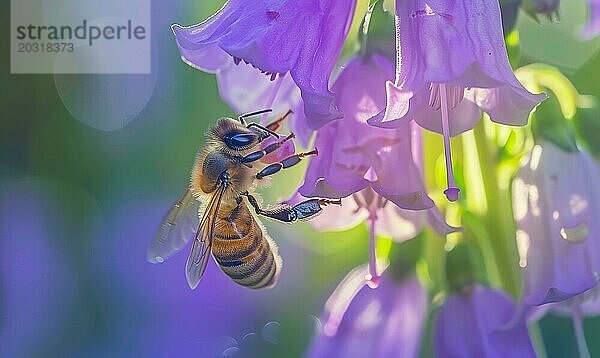 Biene sammelt Nektar von einer Glockenblume  Nahaufnahme  selektiver Fokus AI generiert  KI generiert