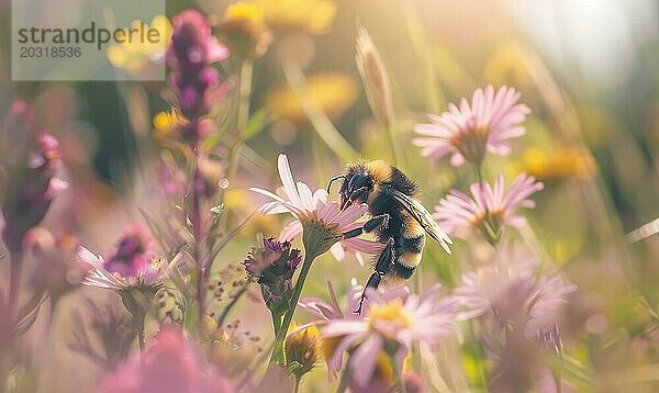 Hummel sammelt Pollen von Blüten  Nahaufnahme  selektiver Fokus AI generiert  KI generiert