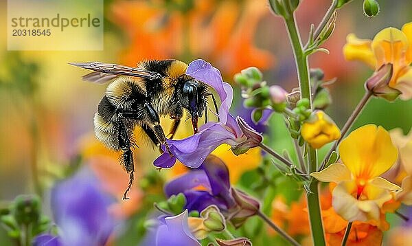 Hummel sammelt Pollen von Blüten  Nahaufnahme  selektiver Fokus AI generiert  KI generiert