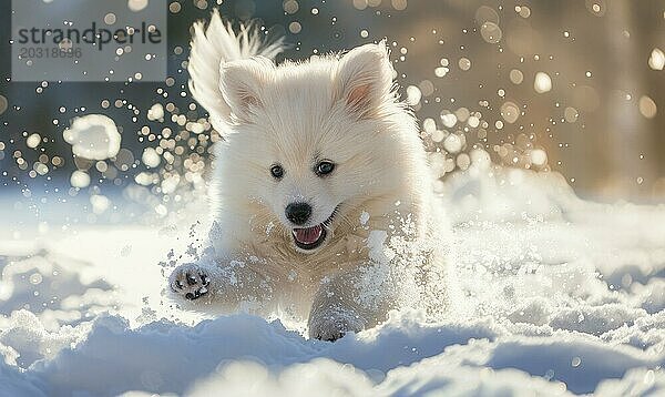 Flauschiger Samojeden Welpe mit glücklichem Gesichtsausdruck  der im Schnee herumtollt AI generiert  KI generiert