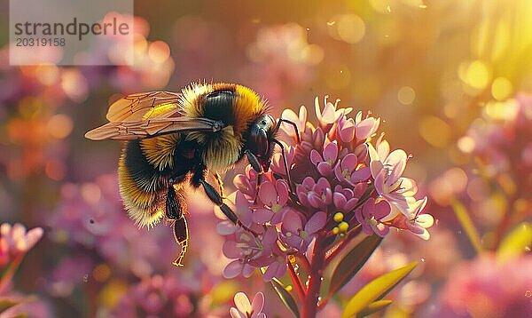 Hummel sammelt Pollen von Blüten  Nahaufnahme  selektiver Fokus AI generiert  KI generiert