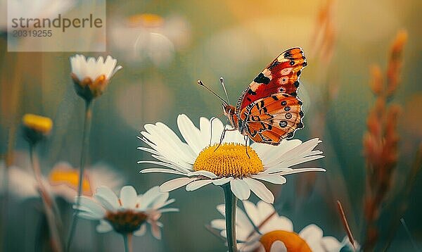 Schmetterling inmitten von Wildblumen  Nahaufnahme  selektiver Fokus  Frühling Natur AI generiert  KI generiert