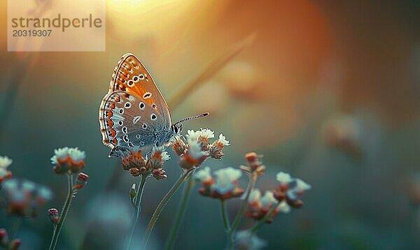 Schmetterling inmitten von Wildblumen  Nahaufnahme  selektiver Fokus  Frühling Natur AI generiert  KI generiert