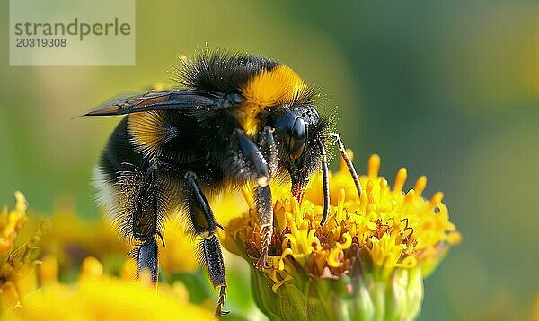 Hummel sammelt Pollen von Blüten  Nahaufnahme  selektiver Fokus AI generiert  KI generiert