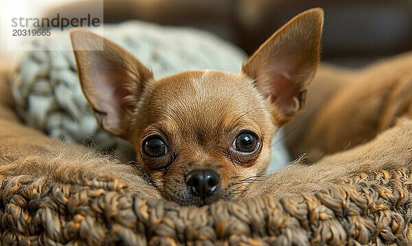 Kleiner Chihuahua Welpe  der aus einem kuscheligen Hundebett herausschaut AI erzeugt  KI generiert