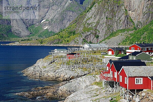 Rote Rorbuerhäuser auf Felsen und hohe  schroffe  Berge  Urlaub  Ferienhäuser Hamnoy  Lofoten  Nordland