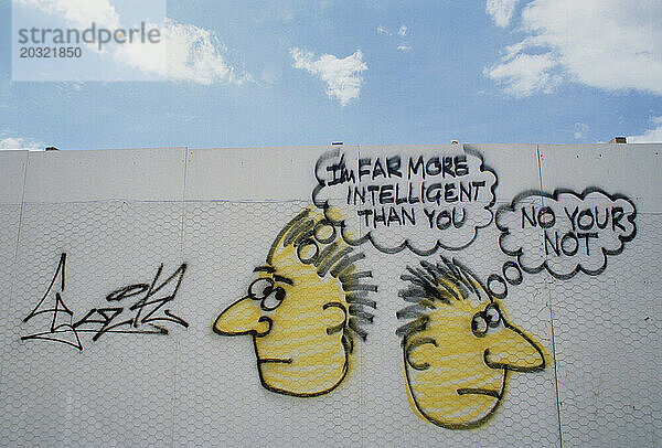 Kunstwerk. Graffiti-Botschaft an die Wand gemalt. Komischer Cartoon „Intelligence“.