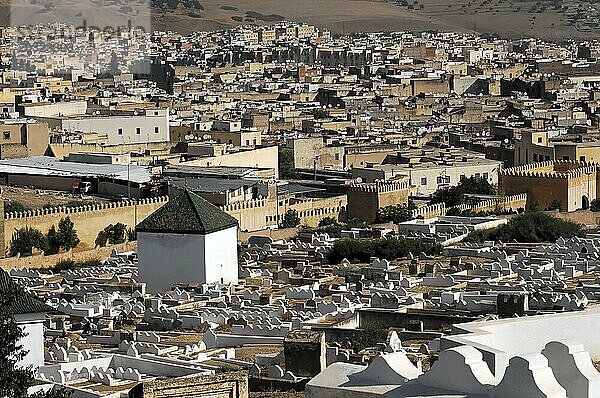 Meknes  Blick über einen Friedhof auf eine traditionelle Stadt mit historischen Gebäuden  Nordmarokko  Marokko  Afrika