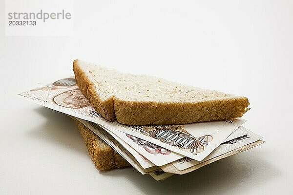 Nahaufnahme von Vollkornbrot halb Sandwich gefüllt mit ausländischen Papier Währung Banknoten auf weißem Hintergrund  Studio Komposition  Quebec  Kanada  Nordamerika