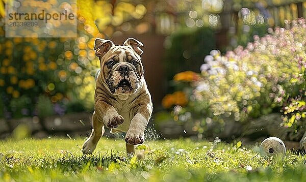 Verspielte Bulldogge Welpe jagt einen Ball in einem Hinterhof Garten AI generiert  KI generiert