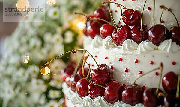 Reife Kirschen schmücken eine Hochzeitstorte  Nahaufnahme  Bokeh Lichter auf Hintergrund AI generiert  KI generiert