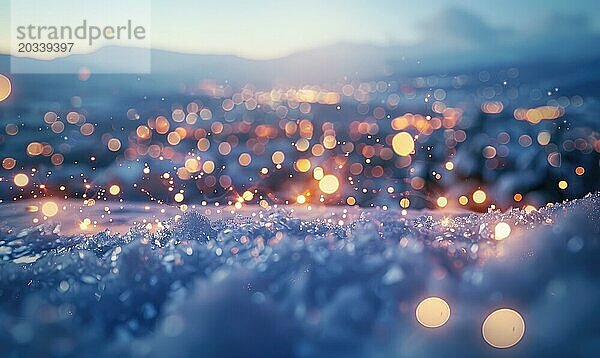 Bokeh Lichter funkeln gegen eine verschneite Landschaft  Nahaufnahme AI generiert  KI generiert