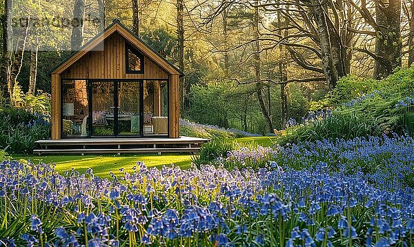Eine ruhige  moderne Holzhütte  umgeben von einem üppigen Teppich aus Glockenblumen und Vergissmeinnicht  in einem friedlichen Frühlingsgarten  der AI erzeugt  KI generiert