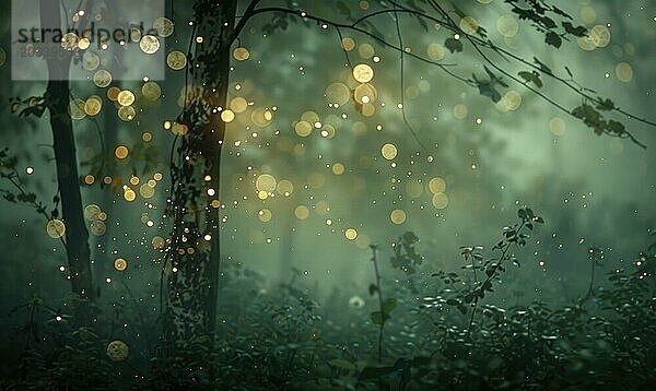 Ethereal Bokeh Lichter diffundieren durch Nebel in einem mystischen Waldgebiet  Natur Hintergrund AI generiert  KI generiert