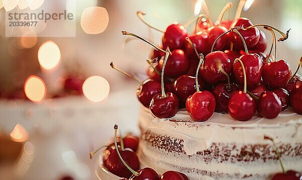 Reife Kirschen schmücken eine Hochzeitstorte  Nahaufnahme  Bokeh Lichter auf Hintergrund AI generiert  KI generiert