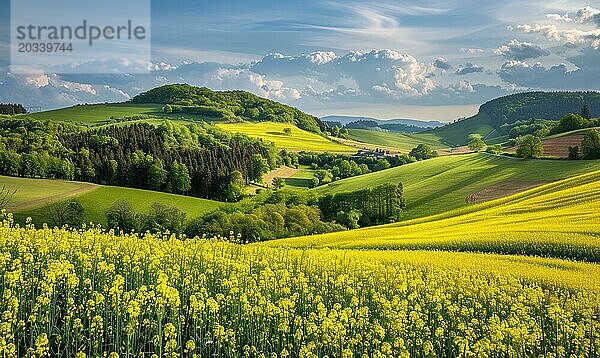 Eine malerische Landschaftsszene mit sanften Hügeln  die mit leuchtend gelben Rapsblüten bedeckt sind  Frühlingsnatur  Felder und Wiesen  die AI erzeugen  KI generiert