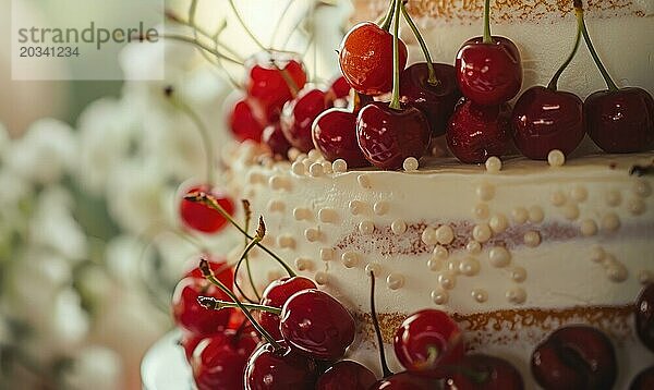 Reife Kirschen schmücken eine Hochzeitstorte  Nahaufnahme  Bokeh Lichter auf Hintergrund AI generiert  KI generiert