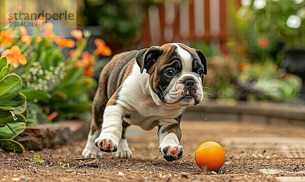 Verspielte Bulldogge Welpe jagt einen Ball in einem Hinterhof Garten AI generiert  KI generiert