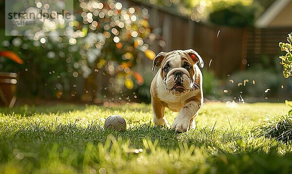 Verspielte Bulldogge Welpe jagt einen Ball in einem Hinterhof Garten AI generiert  KI generiert