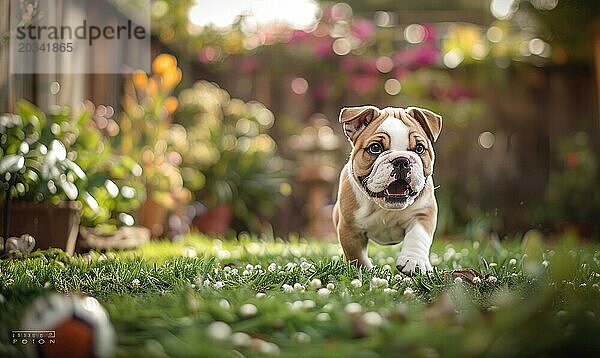 Verspielte Bulldogge Welpe jagt einen Ball in einem Hinterhof Garten AI generiert  KI generiert