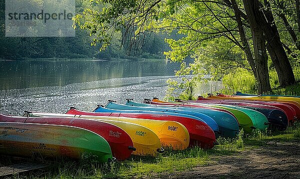 Eine Reihe farbenfroher Kanus  die am Ufer eines glitzernden Frühlingsflusses geparkt waren  erzeugte AI  KI generiert