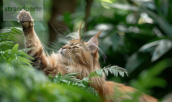 Maine Coon Katze  die sich anmutig vor einem Hintergrund von üppigem Grün streckt AI generiert  KI generiert