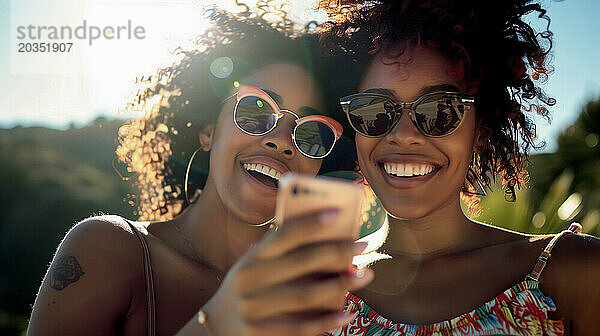 Zwei afroamerikanische Frauen schauen auf den Bildschirm ihres Smartphones