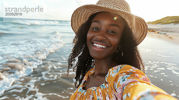 Junges glückliches afroamerikanisches schönes Mädchen  das Selfie in COA macht