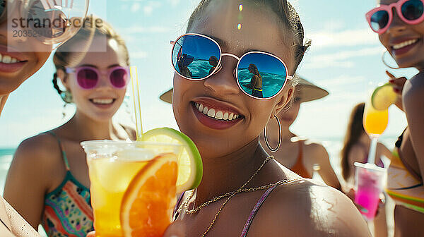 Junge multiethnische Menschen genießen im Sommer eine Strandparty