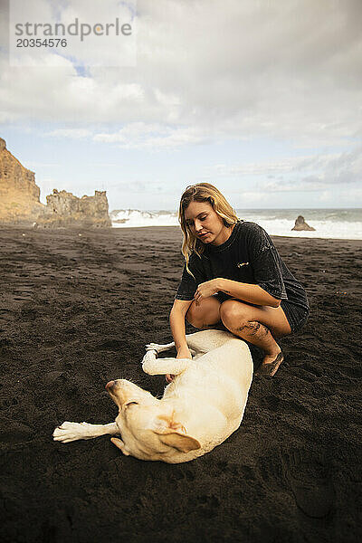 Labrador Retriever Hund genießt den Sand an einem Strand auf Teneriffa