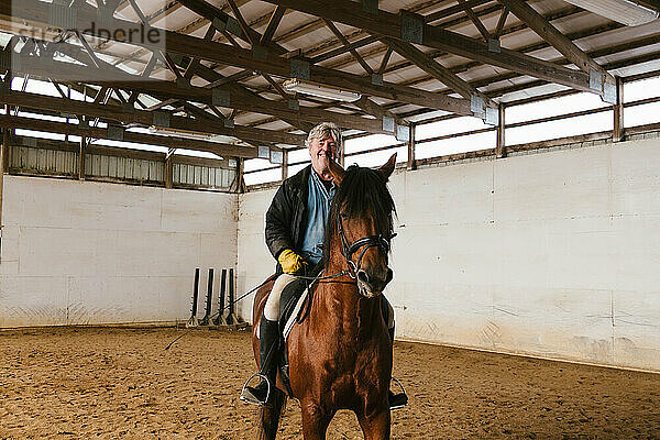 Älterer Mann mit grauem Haar reitet auf einem Pferd mit Sattel in der Halle