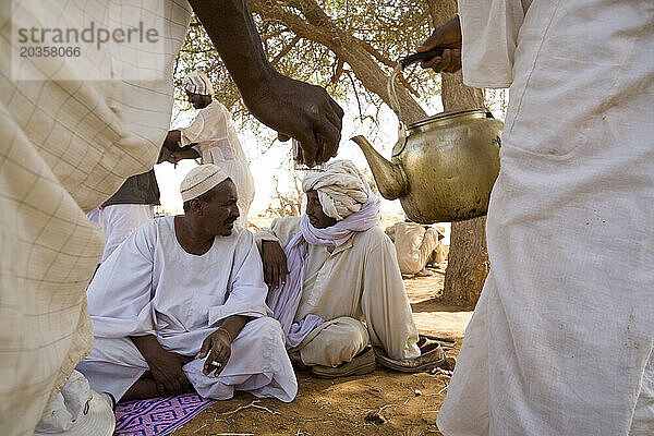 Männer trinken Tee bei einer Hochzeitsfeier des Shanabla-Stammes in der Nähe von El Obeid  Nordkordofan  Sudan.