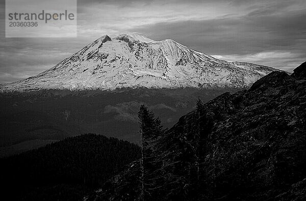 Schwarz-Weiß-Ansicht eines schneebedeckten Dornröschens – ein markanter Felsabgrund in der Nähe der Südflanken des Mt. Adams