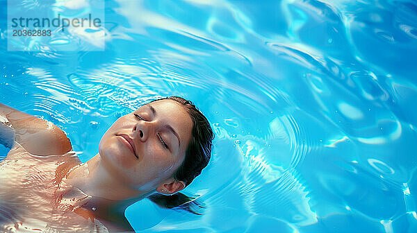 Blick aus der Vogelperspektive auf eine Frau  die sich im Schwimmbad entspannt