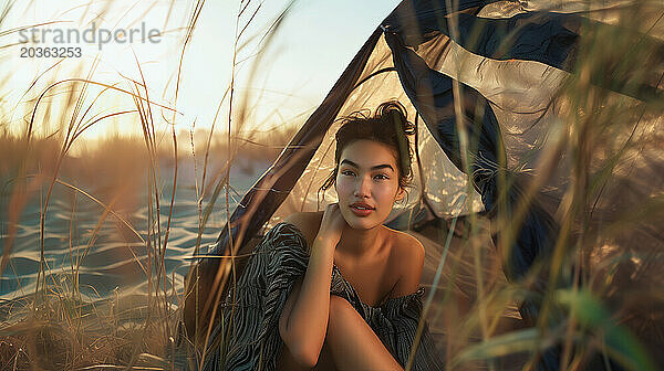 Asiatische junge Frau faulenzt in einem Zelt