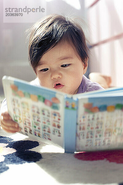 Ein kleines Mädchen schaut sich ihr Buch in New York  New York  an.