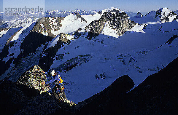 Kletterer an der Spitze eines Felsturms in den Bugaboos  British Columbia.