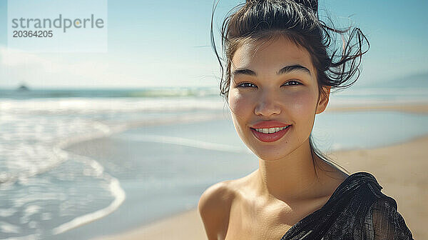 Asiatische junge Frau steht am Strand