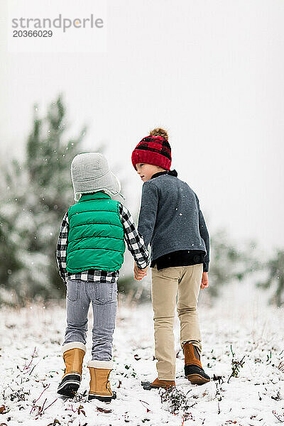 Zwei Jungen erkunden ihren Hinterhof im Schnee