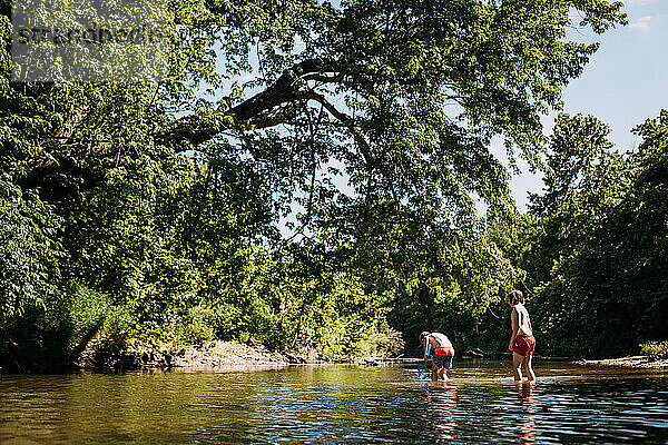 Jungen fangen an sonnigen Sommertagen Flusskrebse im Fluss