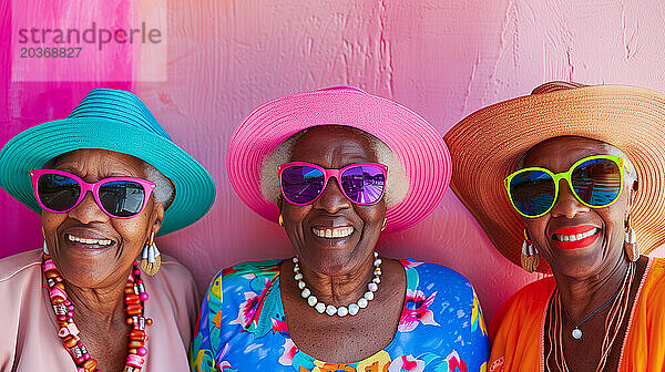 drei glückliche kubanische alte Frauen mit bunten Sonnenbrillen und Hüten