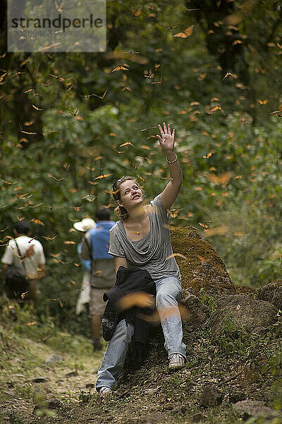 Ein Tourist beobachtet Monarchfalter (Danaus plexippus)  die im Cerro Pelon-Schutzgebiet für Monarchfalter in der Nähe des Dorfes Capulin im mexikanischen Bundesstaat Mexiko fliegen