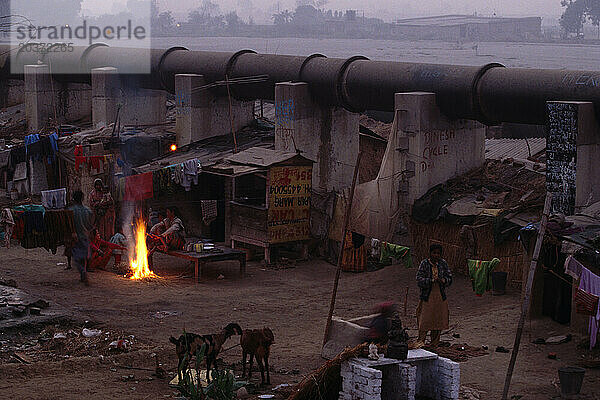 Bewohner eines Slums in Delhi  Indien  die unterhalb der Leitung leben  die Wasser in die Stadt bringt. Diese Menschen verfügen über Handpumpen  mit denen sie Grundwasser zum Baden und Trinken gewinnen.