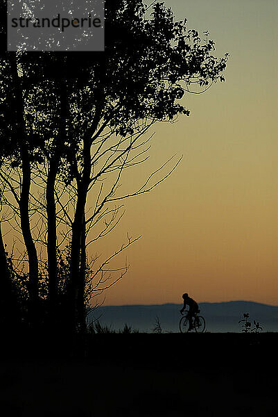 Eine Frau radelt bei Sonnenuntergang am Iona Beach  Richmond  British Columbia  Kanada. (Silhouette)