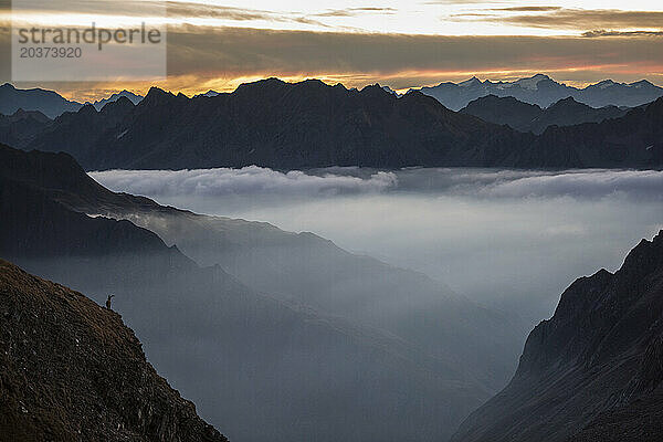 Kleine Silhouette eines Steinbocks bei Sonnenaufgang in den Bergen  Verbano-Cusio-Ossola  Italien