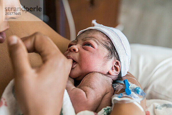 Gemischtrassiges Neugeborenes nuckelt nach der Geburt am Finger seiner Mutter
