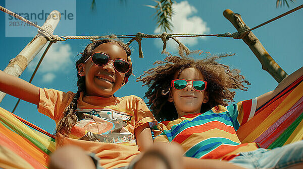 Zwei multiethnische 7-jährige Kinder auf Hängematten lächeln an einem sonnigen Tag