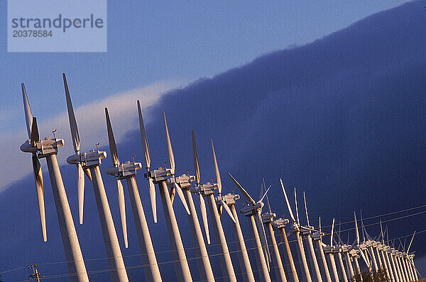 Hightech-Windmühlen  von denen einige 500 Fuß hoch sind  wenn ihre Rotorblätter senkrecht stehen  summen auf dem Altamont Pass in Kalifornien  während sie sauberen Strom produzieren. Windenergie ist die Welt