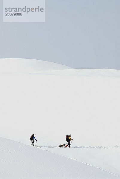Zwei Personen und ein Hund klettern zu einer Pulverschnee-Abfahrt vom Tafelberg im Hinterland von Mt. Backer.