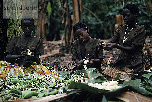 Drei Personen bereiten Essen zu  Uganda